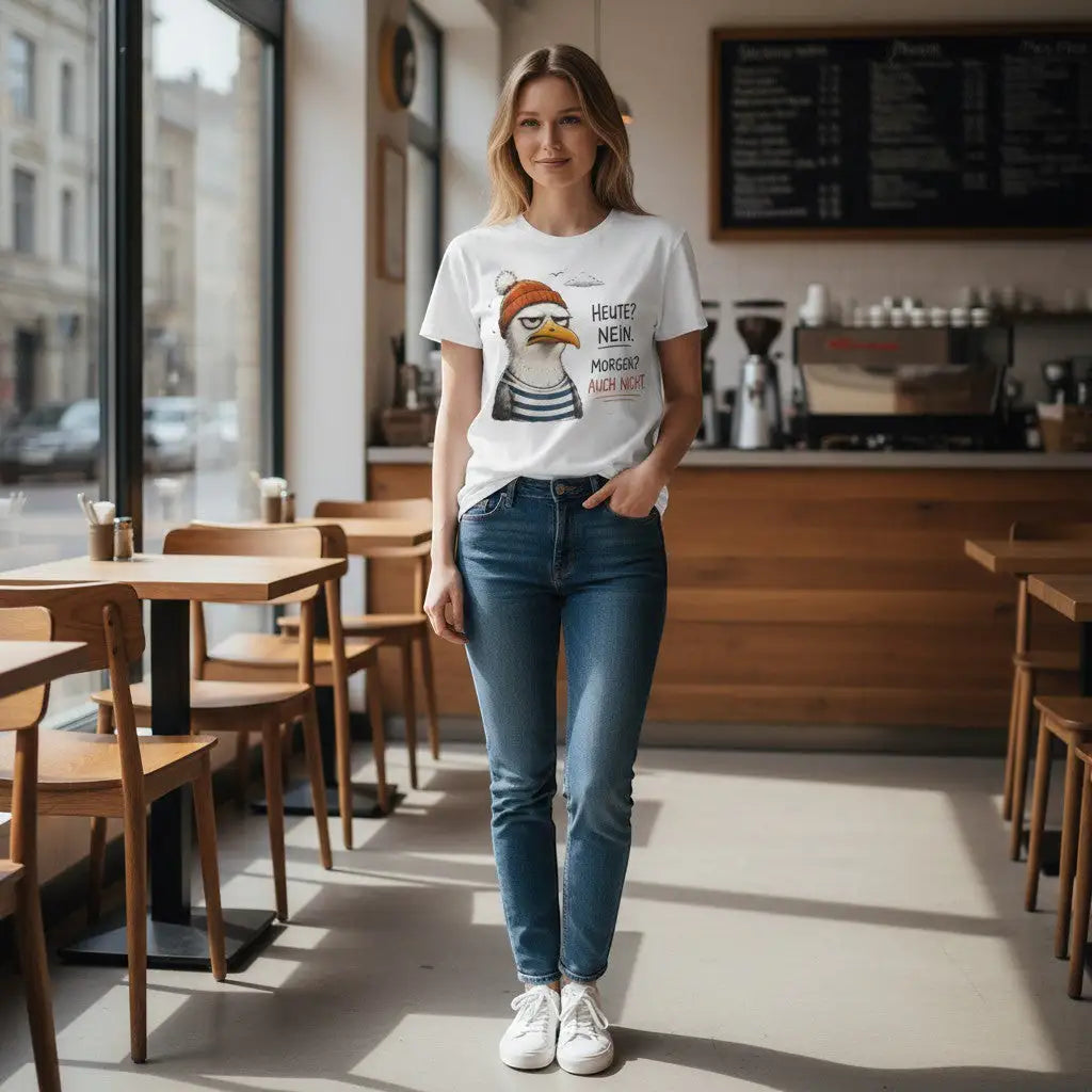 Frau geht durch ein Café und trägt weißes Damen-T-Shirt mit Möwen-Illustration und Spruch „Heute? Nein. Morgen? Auch nicht.“, Lifestyle-Foto.