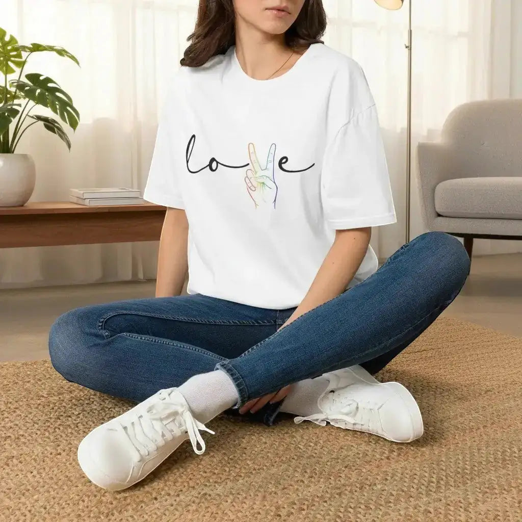 KlareAnsage weißes T-Shirt mit Love-Schriftzug und Peace-Hand im Regenbogen-Design an einer sitzenden Frau