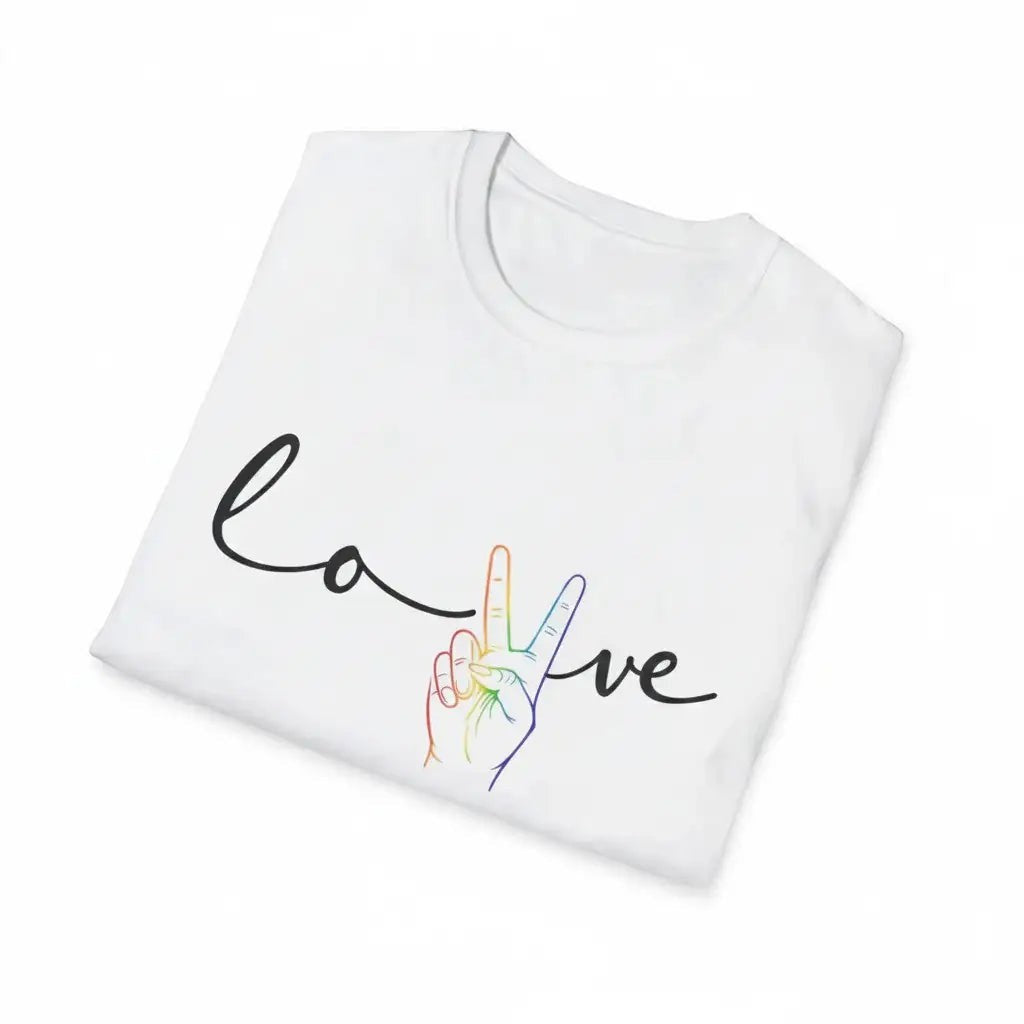 KlareAnsage weißes Gildan 64000 T-Shirt mit schwarzem Love-Schriftzug und Peace-Hand im Regenbogen-Design