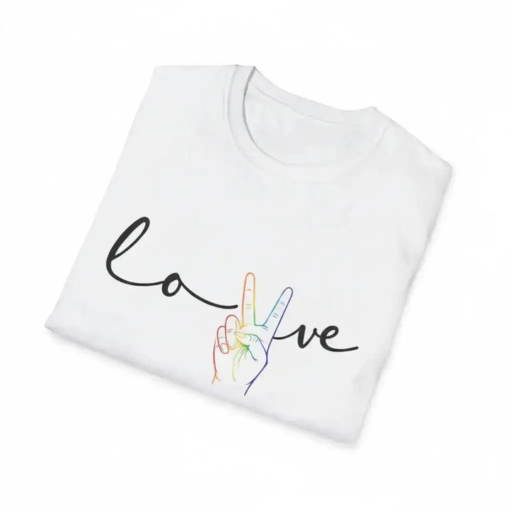 KlareAnsage weißes Gildan 64000 T-Shirt mit schwarzem Love-Schriftzug und Peace-Hand im Regenbogen-Design