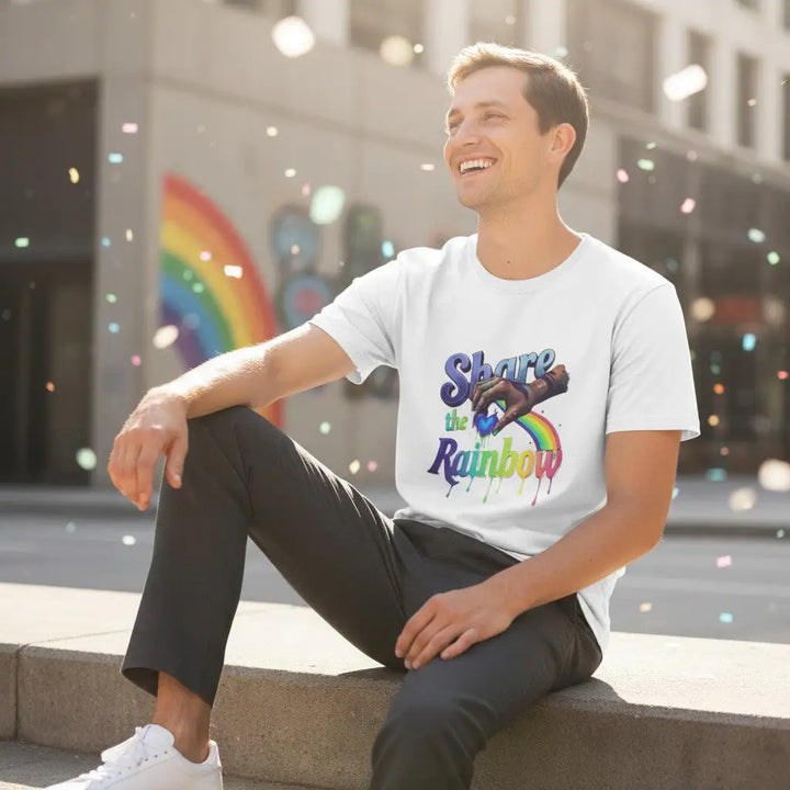 KlareAnsage weißes Unisex-Baumwollshirt mit buntem Regenbogen-Herz-Grafikprint, getragen von einem lächelnden Mann.