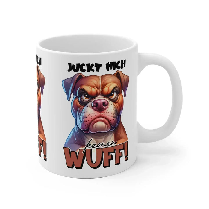 Lustige Kaffee - Tasse mit Bulldogge/Boxer – „Juckt mich keinen Wuff!“ – Witziger Keramikbecher für das Büro - KlareAnsage