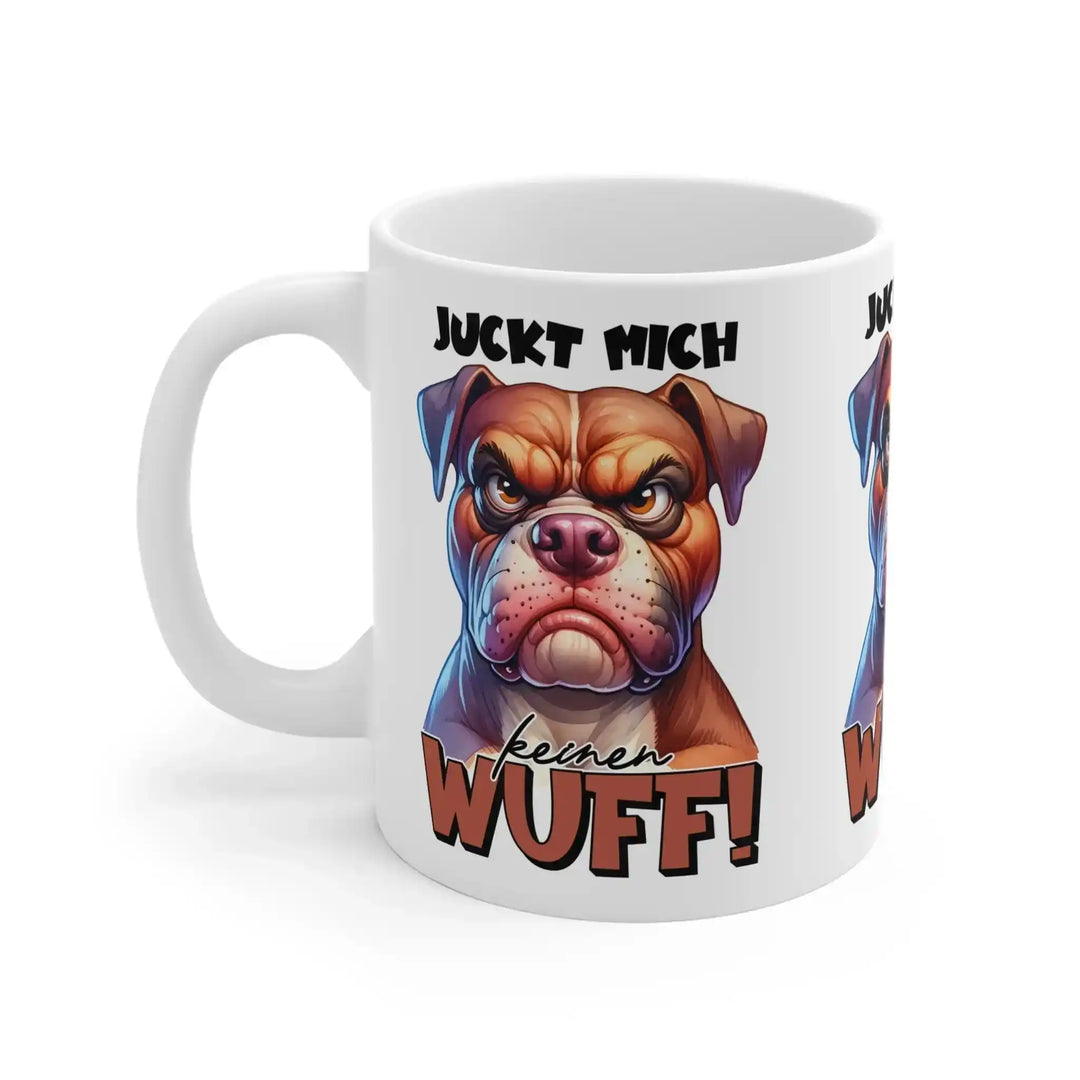 Lustige Kaffee - Tasse mit Bulldogge/Boxer – „Juckt mich keinen Wuff!“ – Witziger Keramikbecher für das Büro - KlareAnsage