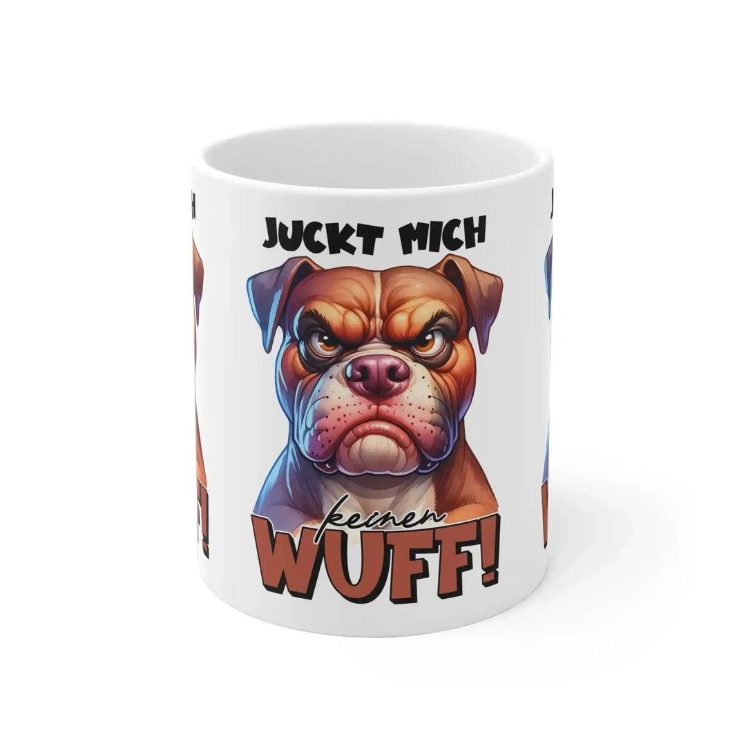 Lustige Kaffee - Tasse mit Bulldogge/Boxer – „Juckt mich keinen Wuff!“ – Witziger Keramikbecher für das Büro - KlareAnsage