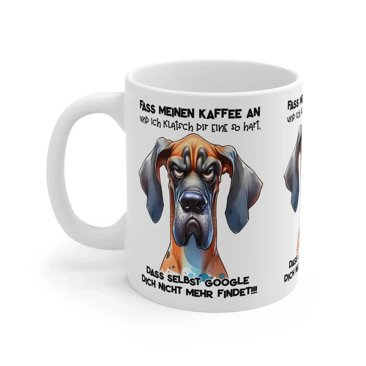 Hunde-Tasse aus etwas weiterer Entfernung mit Henkel links, am Rand ist das wiederholte Muster zu erkennen