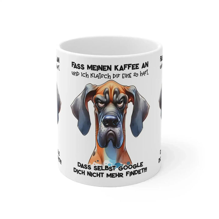 Weiße Tasse mit grimmigem Hunde-Motiv und Spruch &
