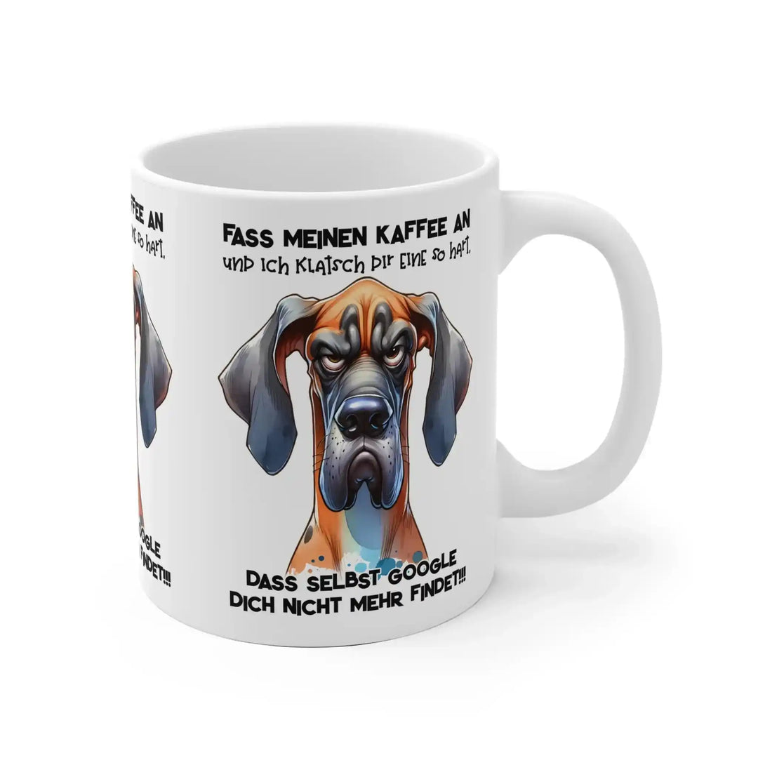 Hunde-Tasse in Nahaufnahme mit deutlich sichtbarem Aufdruck und Henkel rechts