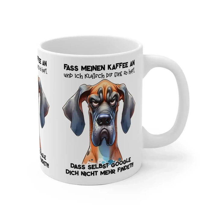 Hunde-Tasse in Nahaufnahme mit deutlich sichtbarem Aufdruck und Henkel rechts