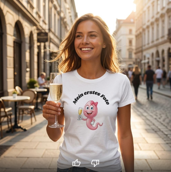 A smiling woman stands on a city street with a glass of champagne, wearing the unisex “Mein erstes Foto” shirt featuring a cartoon worm and playful German text—an ideal pick for Junggesellinnenabschied festivities or as a Geschenk für die Freundin.