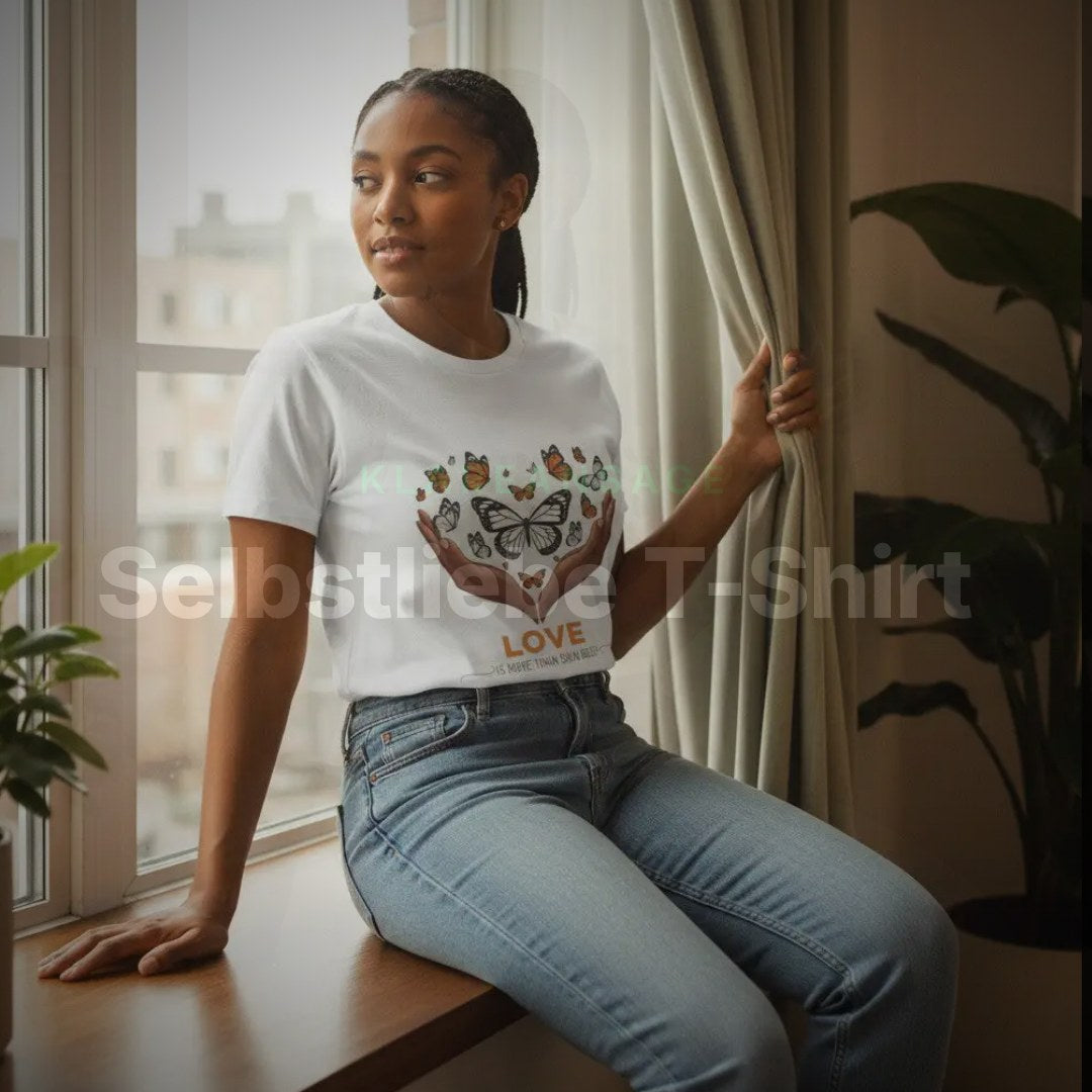 Selbstliebe T-Shirt, Inklusion Schmetterling Herz Craftnest, Baumwolle, Color Weiss, Rot und Sand, Geschenk – Clean Showcase