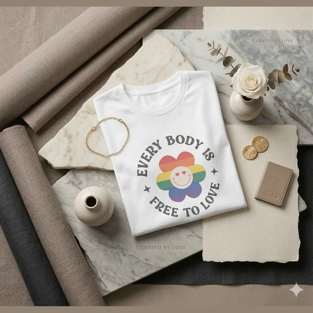 T-Shirt „Every Body Is Free To Love“ – Pride & Diversity Statement - KlareAnsage